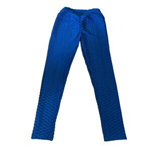 Royal Blue Textured Honeycomb Leggings Large Yoga Workout Pants Scrunch Butt Gym
